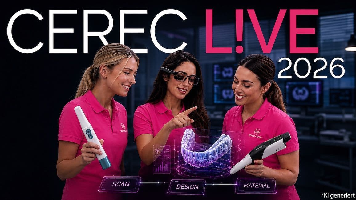 KI-generierte Werbegrafik zu „Cerec L!ve 2026": Drei Frauen in pinken Poloshirts mit Aufschrift „Cerec Clinic" betrachten ein schwebendes, holografisches 3D-Zahnmodell, dazu die Stationen „Scan", „Design" und „Material". Eine Frau hält einen kabellosen Intraoralscanner, eine weitere trägt eine Datenbrille, eine dritte hält ein Handgerät.