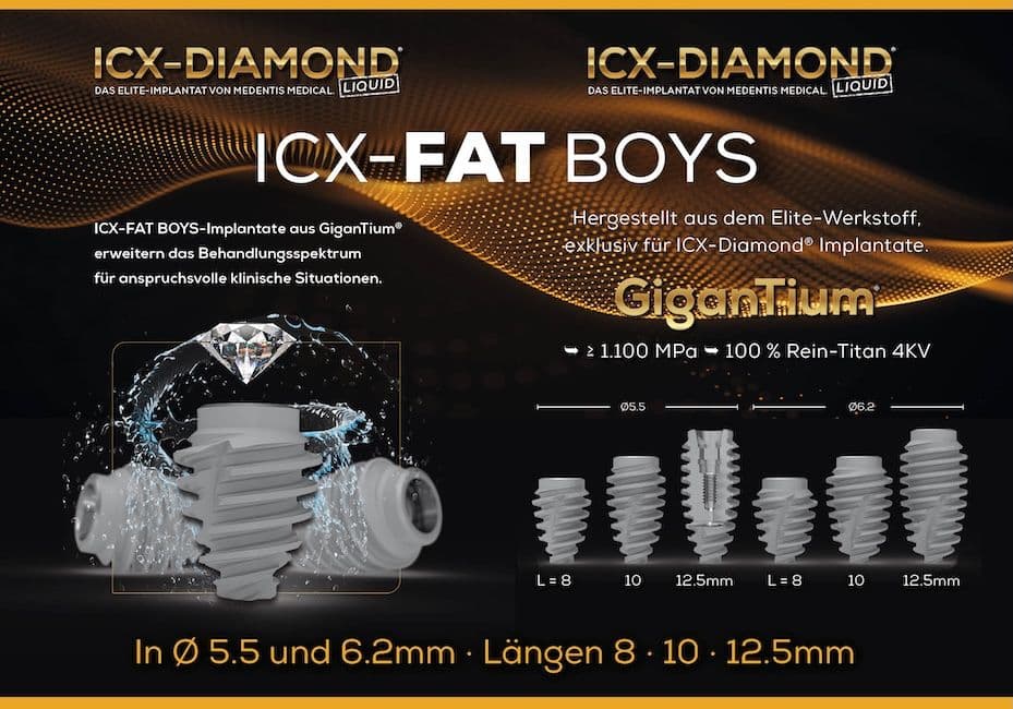 Werbegrafik zu den ICX Fat Boys Implantaten von medentis medical: ein GiganTium-Implantat mit Diamant-Effekt sowie sechs Implantate in den Durchmessern 5,5 und 6,2 mm und Längen 8, 10 und 12,5 mm.