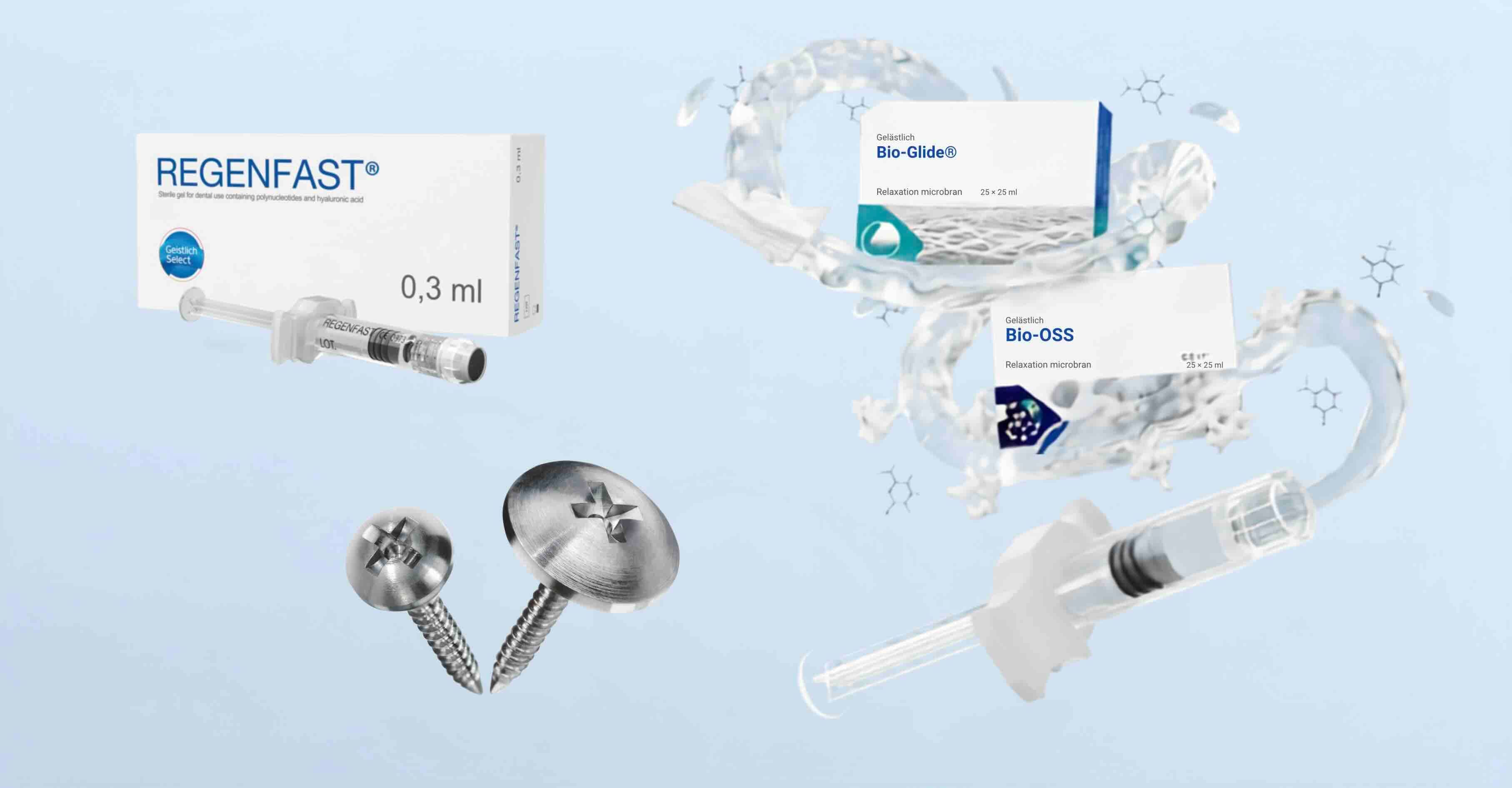 Produktgrafik zur Geistlich-Kampagne auf hellblauem Grund: Verpackung und Spritze REGENFAST 0,3 ml, zwei Schirmschrauben sowie im Hintergrund die Verpackungen von Geistlich Bio-Glide und Geistlich Bio-Oss, umgeben von stilisierten Flüssigkeits- und Molekülgrafiken.