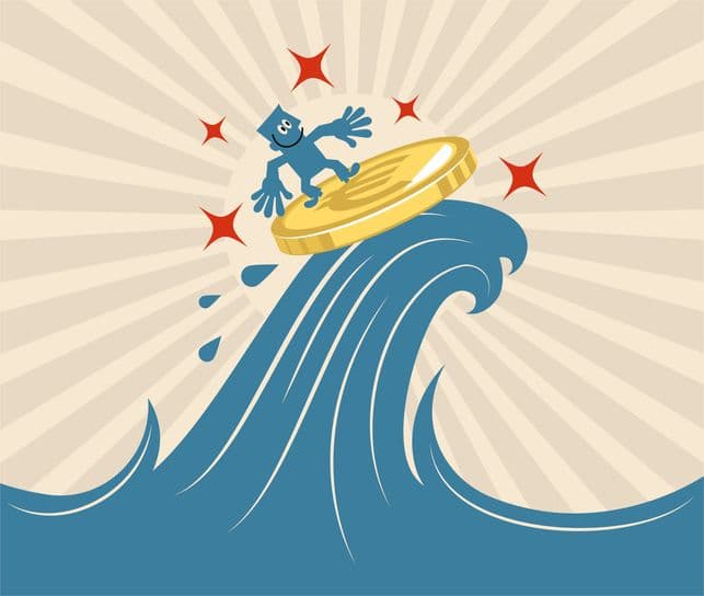 Smiling businessman surfing on sea wave with gold Euro sign coin (European Union Currency)
