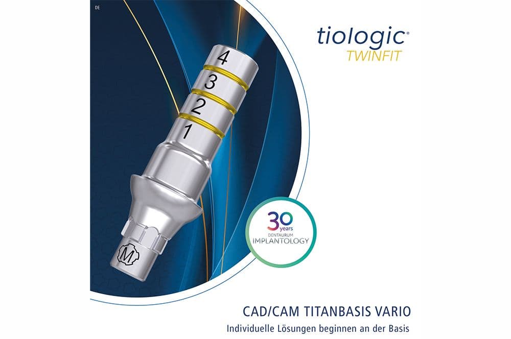 Produktabbildung der tioLogic Twinfit CAD/CAM-Titanbasis Vario mit Höhenmarkierungen 1–4 und Dentaurum-Jubiläumssiegel „30 years Implantology"